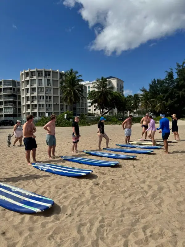 Beginner surf lesson at Pine Grove Beach, Isla Verde, Puerto Rico